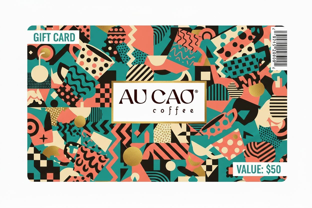 Au Cao Coffee gift card featuring Memphis art deco design